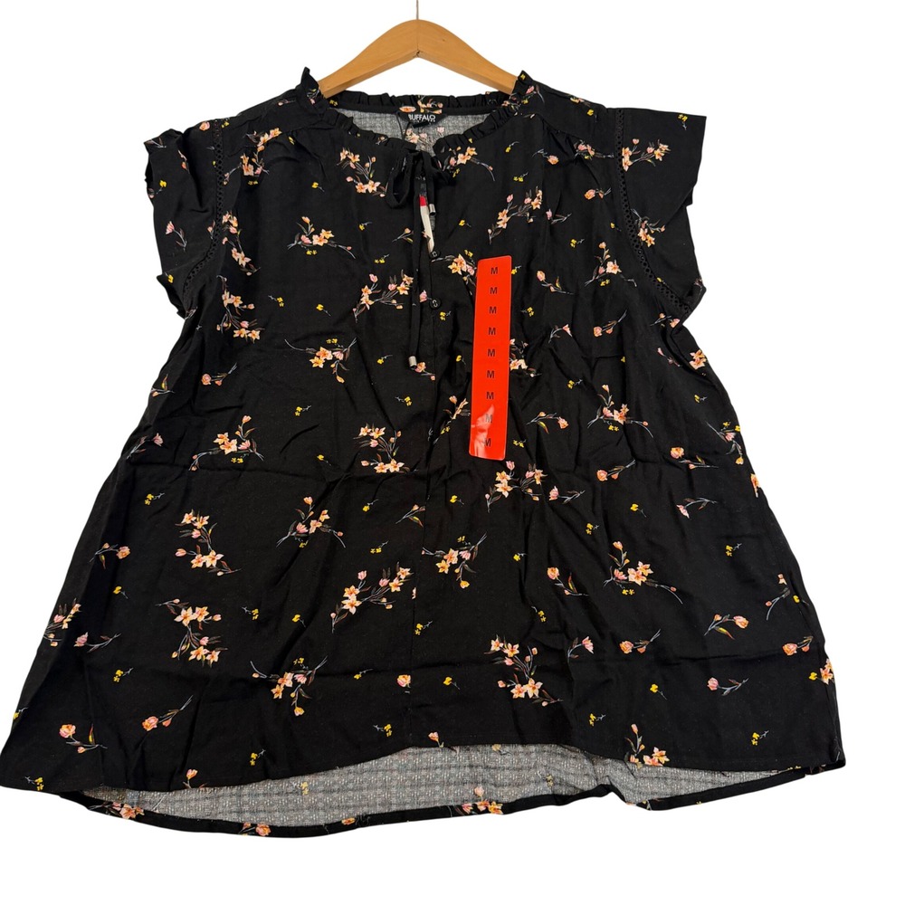 Buffalo David Bitton Womens Black Floral Cap Sleeve Ruffle Tie Neck Blouse M NEW - Picture 2 of 9